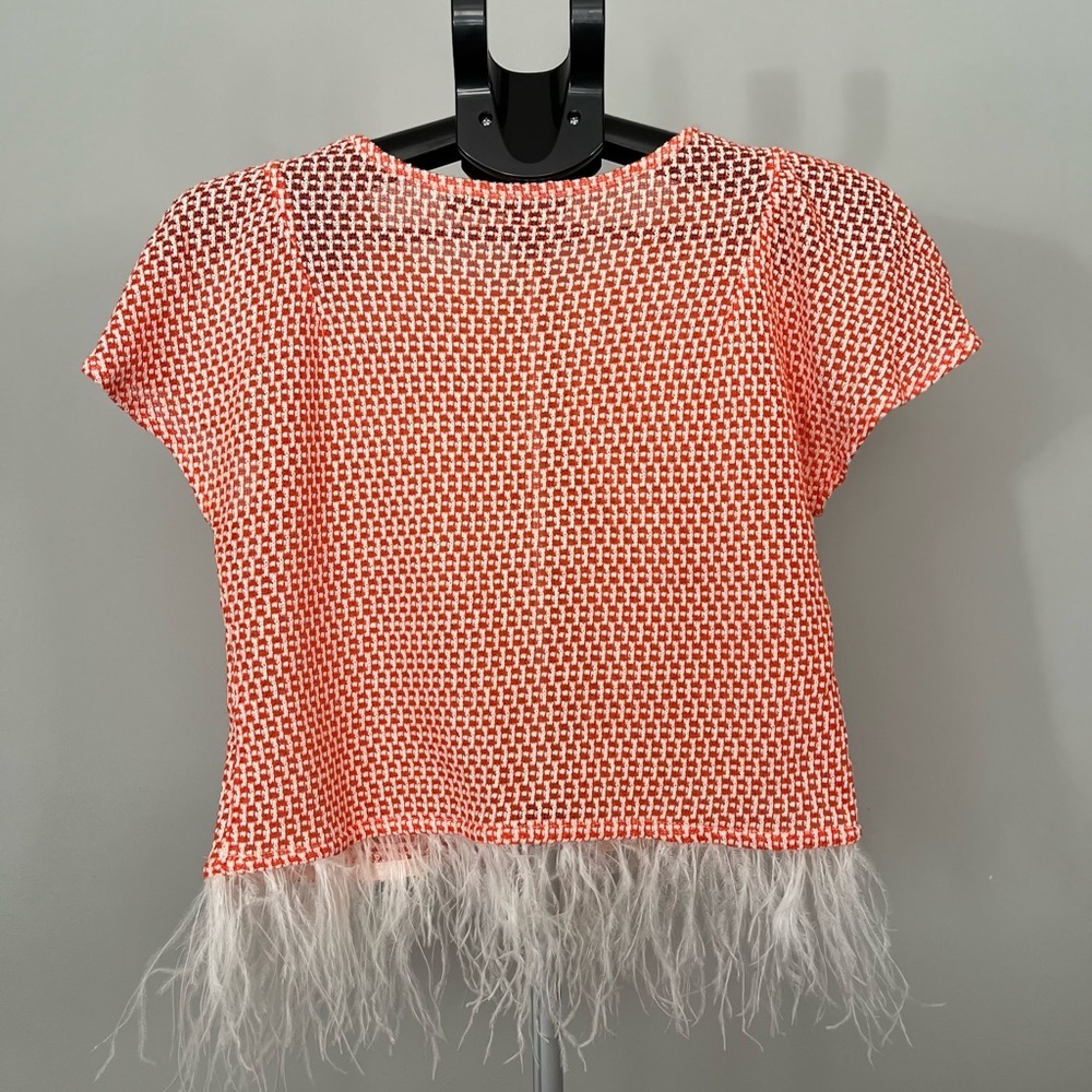 Eva Franco Anthropologie Boho Feather Trim Short Sleeve Top Size XSP - Picture 6 of 11